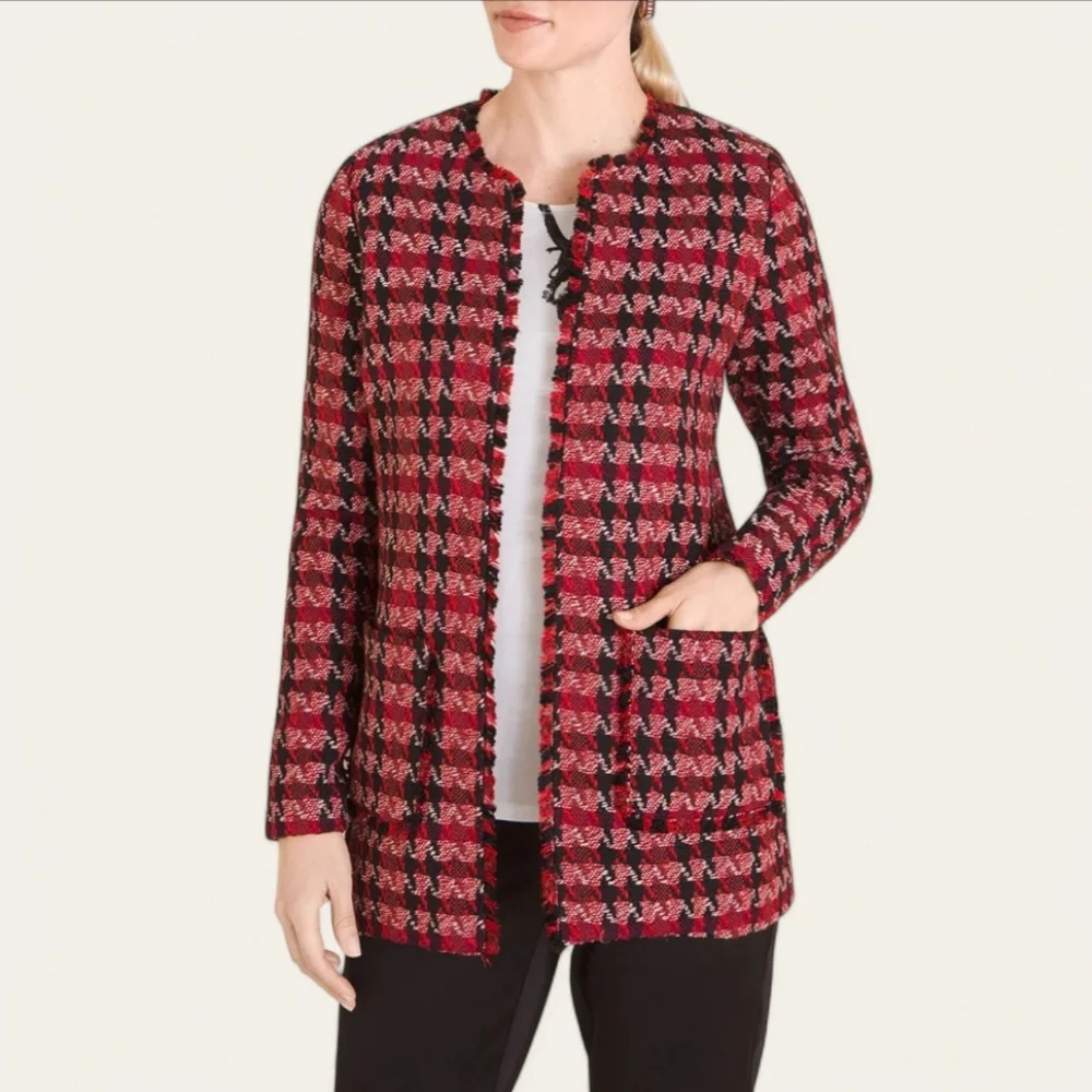 NWT Chico’s Red & Black Houndstooth Tweed Blazer Jacket Size Petite Size 12